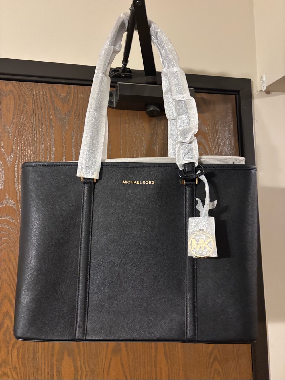 Michael Kors Black Leather Tote with Gold MK Charm